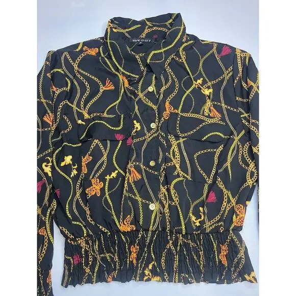 New Glory Women’s Long Sleeve Gold Chain Printed Smocked Waist Top Sz XL - Picture 6 of 8